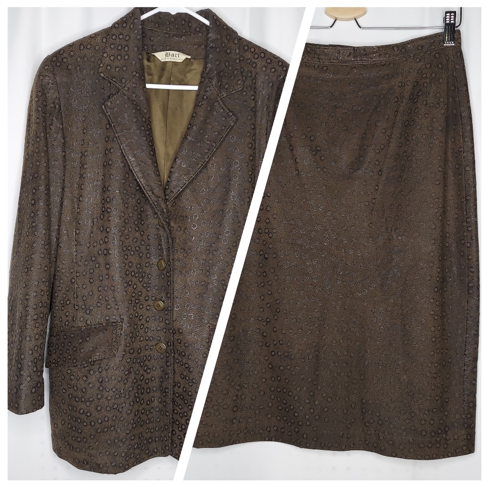 Bart Sibylle Lyn Vtg Leather Skirt Suit 8 Brown Texture Button Midi Quiet Luxury